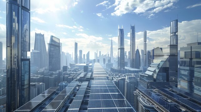 A city skyline showing towering buildings with sleek reflective solar panels on their rooftops exemplifying the potential for sustainability in recovered industrial zones.