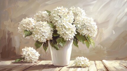 a bouquet of white hydrangeas in a simple white vase, situated on a wooden table - obrazy, fototapety, plakaty
