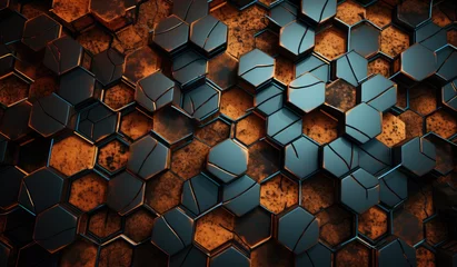 Fotobehang Abstract metallic corrosion texture hexagon pattern with glowing orange red flame on black grey background technology style. Modern futuristic honeycomb concept.   © ribelco