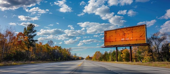A large vacant mock-up billboard is seen alongside a highway, set against a backdrop of a forest, blue sky, and picturesque clouds. - Powered by Adobe