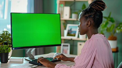Creative Black Female at Desk with Desktop Computer and Green Screen Mock-up