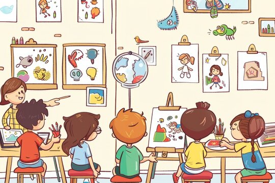 Cartoon cute doodles of a gallery art class for children, where talented instructors inspire young minds to express themselves through painting, drawing, and sculpture, Generative AI