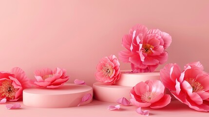 3D pastel podium view pink flower background. Peony blossom falls to the bottom. Natural minimal base for beauty, presentation of cosmetic products. Valentine, feminine copy space