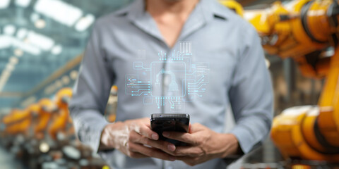 Control the work with an infographic screen. Precision engineering A robotic arm at work in a fully automated facility. Control the work of the robotic arm with an infographic screen.