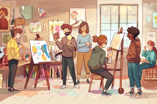 Cartoon cute doodles of a gallery artist-in-residence program, where talented creators live and work in a studio space, sharing their artistic process with the public, Generative AI