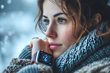 portrait of a beautiful young woman in warm clothes with a watch on her hand