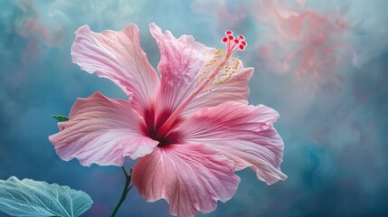 Beautiful Pink Hibiscus Flower in Full Bloom on Green Background