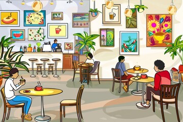 Cartoon cute doodles of a gallery cafe with cozy seating, aromatic coffee, and little patrons enjoying a relaxing break surrounded by beautiful art, Generative AI