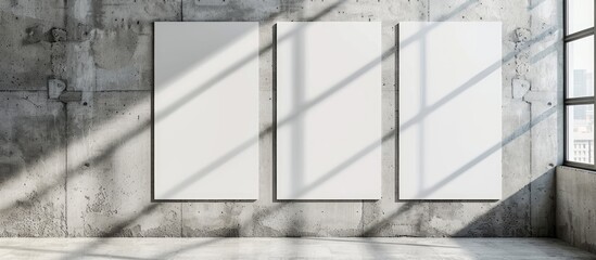Three vertical empty white A4 poster or business card mockups displayed on a gray concrete wall with window shadow. Perfect for showcasing advertising, brand design, and stationery.