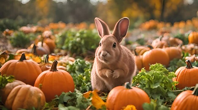 Autumn Delight: Rufus Rabbit Eating Parsley Surrounded by Fall Pumpkins with a Funny Face Finale
