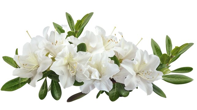 Azaleas flowers with leaves, White flowers isolated on white background with clipping path - ,Generative ai