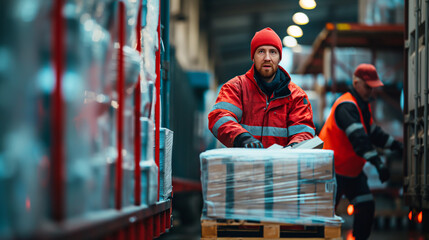 Transportation photo: Warehouse worker pushing pallet jack Product owner representative Waiting for the duty of importing or exporting products	
 - obrazy, fototapety, plakaty