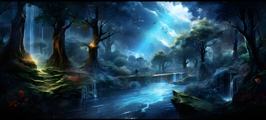 art Lush forests with towering trees and cascading waterfalls, ai generative