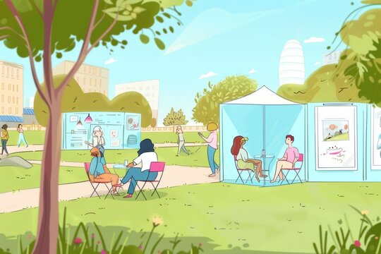 Cartoon cute doodles of a gallery pop-up event in a public park, with art installations, interactive exhibits, and little picnickers enjoying the creative atmosphere, Generative AI