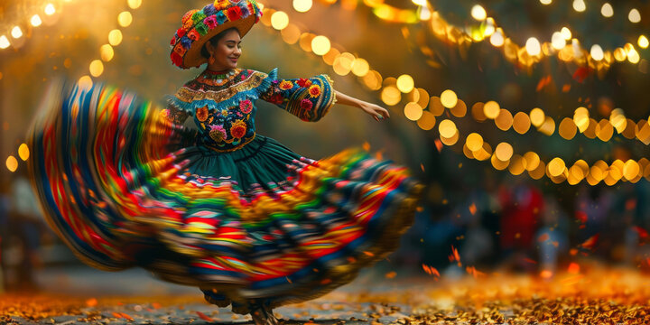 Traditional Mexican Cinco de Mayo dance dress in Motion Colourful movement woman Culture swirl vivid colors celebration holiday festival heritage beauty lights bokeh flowers costume blur Mexico