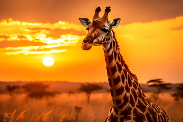 portrait of a giraffe in the African savanna in the sunlight. mammals and wildlife - obrazy, fototapety, plakaty
