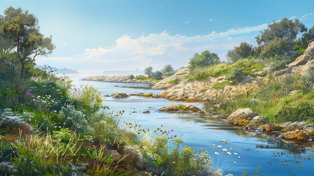 Image of a quiet coastal scene, where gentle waters meet rocky shores, dotted with lush greenery and wildflowers. A serene river carves through the landscape, reflecting the clear blue sky above