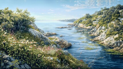 Image of a quiet coastal scene, where gentle waters meet rocky shores, dotted with lush greenery and wildflowers. A serene river carves through the landscape - obrazy, fototapety, plakaty