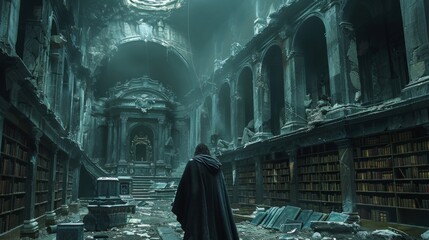 A grand library filled with ancient tomes and scrolls is situated near the throne containing the sacred laws and knowledge of the cosmos. - obrazy, fototapety, plakaty
