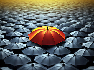 red-orange umbrella against the background of many open umbrellas. top view. background abstraction. individuality concept