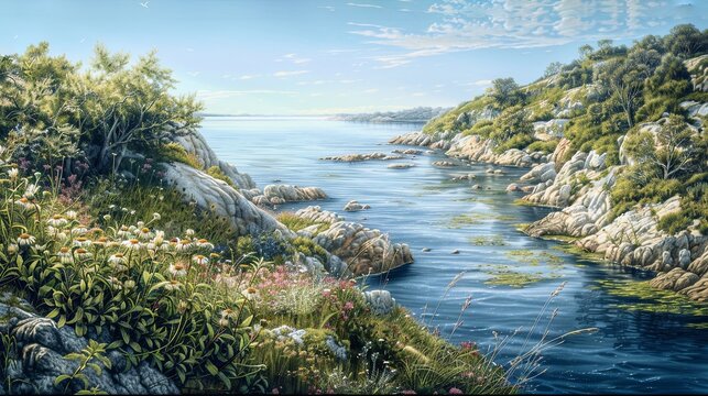 Image of a quiet coastal scene, where gentle waters meet rocky shores, dotted with lush greenery and wildflowers. A serene river carves through the landscape