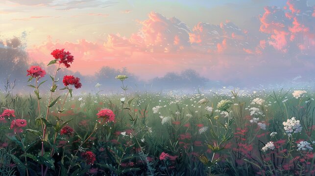 serene meadow at the edge of dawn, the sky softly blushing with the first light of day. The field is home to a wild array of flowers; pink, white, and crimson heads bob gently in the morning breeze.