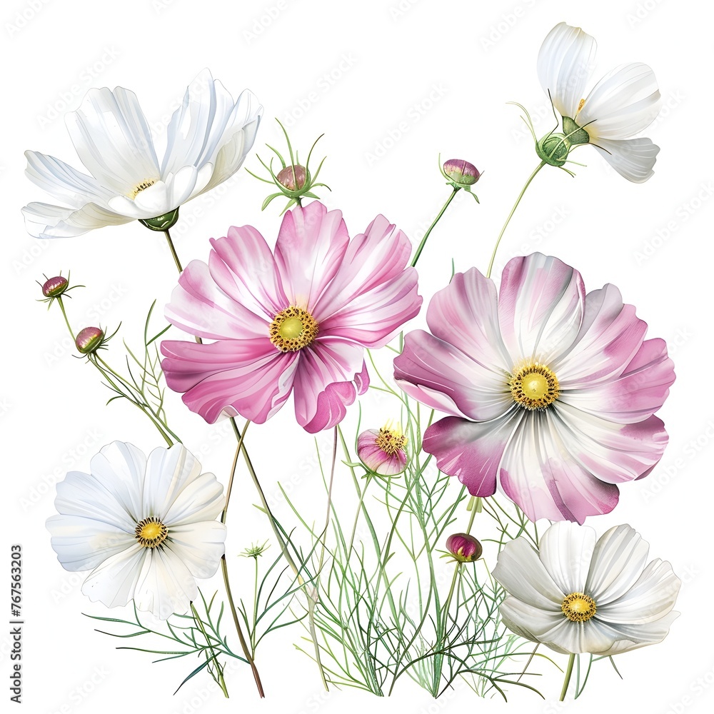 Poster Delicate Cosmos Flowers in Soft Pink and White Hues with Lush Greenery