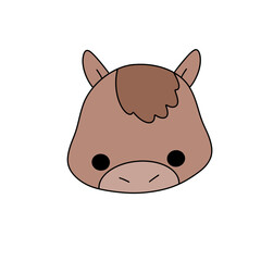 A cartoon horse with a brown mane and a brown face. The horse is drawn in a simple style, with a focus on its features. Concept of playfulness and whimsy