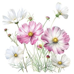 Delicate Cosmos Flowers in Soft Pink and White Hues with Lush Greenery