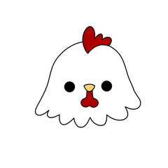 A cartoon chicken with a red beak and a red heart on its head. The chicken is looking up at the camera