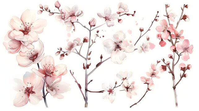 Delicate Cherry Blossom Floral Branches in Soft Pink and White Watercolor Paint Strokes