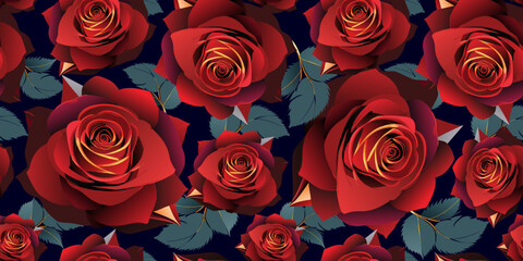 Red velvet blossoming roses floral seamless pattern print - 767563401