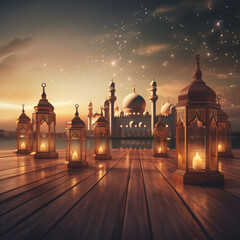 Eid mubarak with mosque and lanterns islamic celebration eid ul fitr ramadan mubarak - obrazy, fototapety, plakaty