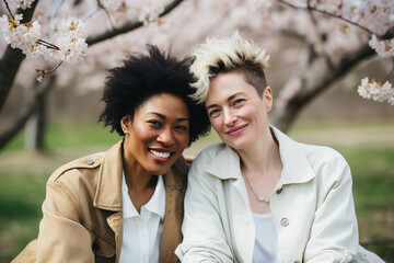 Diverse friends or couple under cherry blossoms in spring park