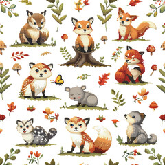 Charming seamless pattern of pixelated animals with vibrant autumn leaves, perfect for gaming or retro themed designs.