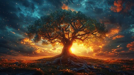 A majestic tree stands tall against a dreamy sunset sky its roots deeply grounded in the earth as its branches stretch towards the endless possibilities of the universe. This - obrazy, fototapety, plakaty