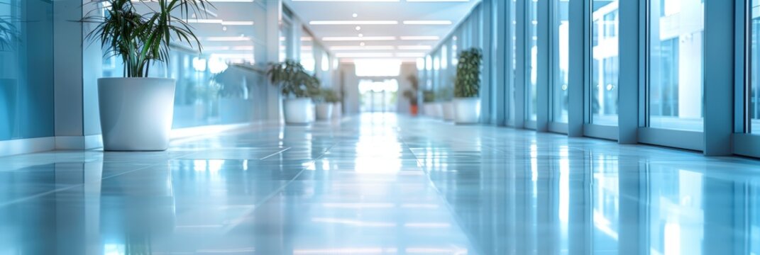 Light blue blurred background panoramic image of a spacious office or mall or public space corridor.