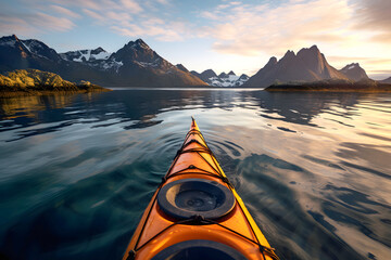 yellow kayak boat floats down the river in the fjords of Norway towards the sunrise. view from myself