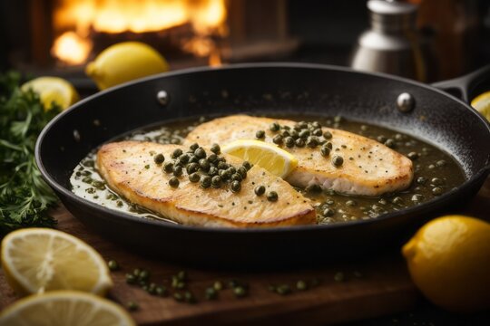 Sole Meunière classic french dish served in frying pan with butter, capers and lemon