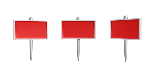 3d iron red sign post set, isolated on white background. Realistic blank signboard on road...