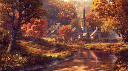 a tranquil village scene in the midst of autumn, where the foliage is ablaze with the fiery hues of the season. A gentle stream meanders through the landscape - obrazy, fototapety, plakaty