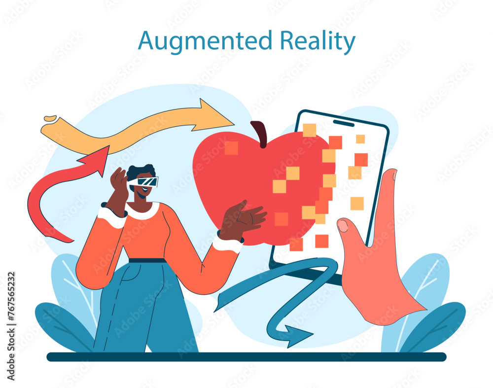 Poster augmented reality innovation. a user interacts with a digital apple through ar