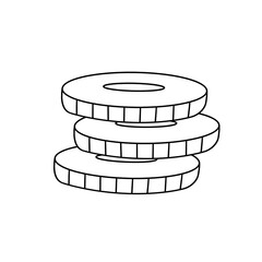 Three coins stacked on top of each other. The coins are white and have a circular shape. Concept of money and wealth