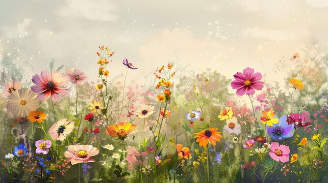 a whimsical wildflower meadow, where each bloom is a splash of vivid color and each petal is a stroke of the artists brush