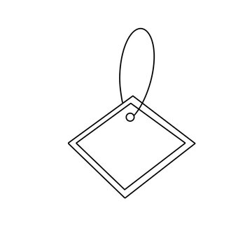 A tag with a hole in the middle is hanging from a string. The tag is square and has a white background