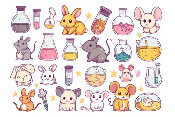 Cartoon cute doodles of adorable lab animals like mice, rabbits, and hamsters, adding a playful touch to scientific experiments, Generative AI