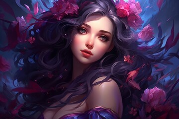 Fototapeta premium illusion digital drawing of a happy young woman in Flower covering her head and face. Close up portrait of a lovely woman in summer dress. Generative AI.