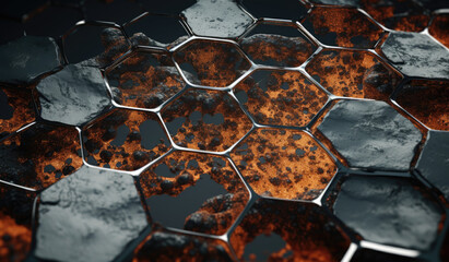 Abstract metallic corrosion texture hexagon pattern with glowing orange red flame on black grey background technology style. Modern futuristic honeycomb concept.	
 - obrazy, fototapety, plakaty