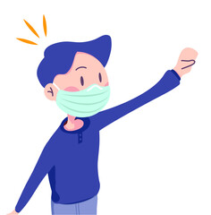 Boy wave hand and shock with mask