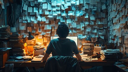 a man work overtime, front of the computer, pile of a documents both on side - obrazy, fototapety, plakaty